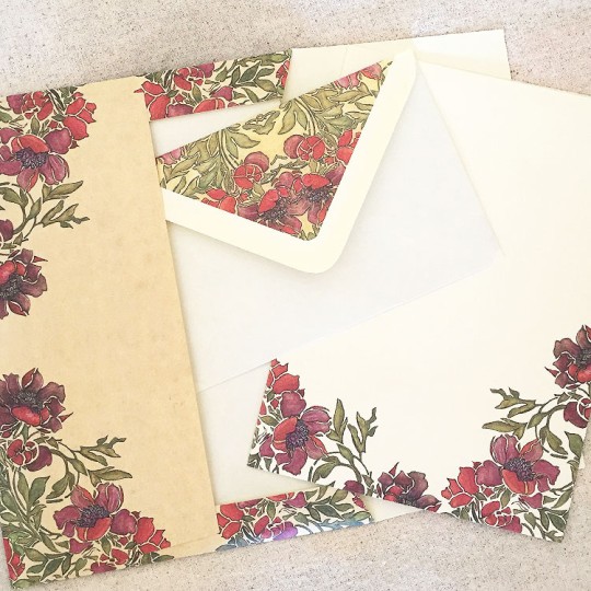 Italian Stationery Letter Writing Set in Portfolio ~ 10 sheets + 10 envelopes ~ Anemone Flowers and Leaves